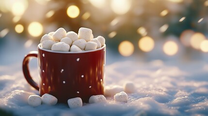 Red mug filled with marshmallows sits in the snow, warm bokeh background.