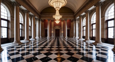 Grand halls with checkerboard marble floors and towering columns