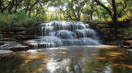 Fototapeta premium A serene waterfall cascading over rocks into a tranquil pool surrounded by lush greenery.