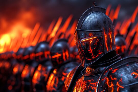 A fantasy army of knights in gleaming armor, marching alongside mythical creatures like dragons and griffins