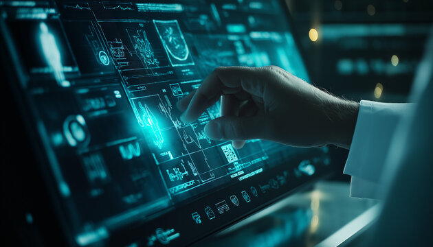 Medicine doctor hand with stethoscope working with icon medical treatment on virtual screen interface computer.