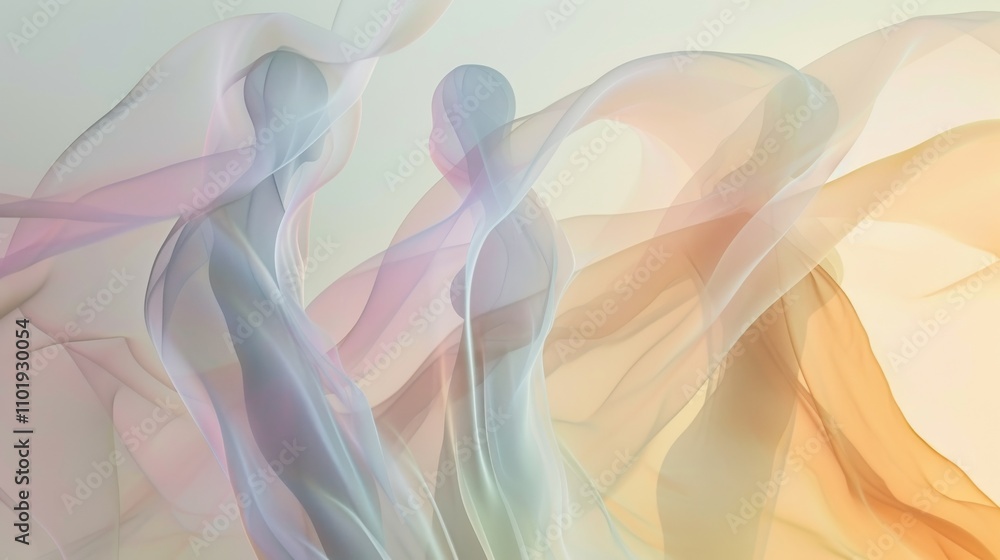 Poster three ethereal figures covered in soft, flowing translucent fabric create a sense of fluidity and mo