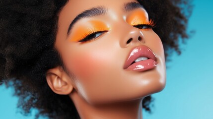 Glamorous makeup look featuring vibrant orange eyeshadow and glossy lips against a bright blue background
