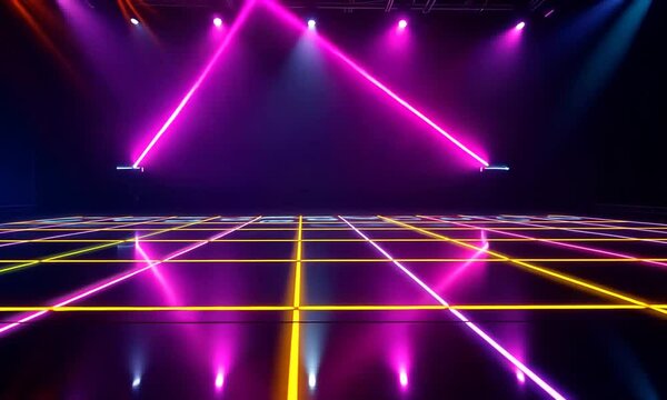 Neon Lights Stage, Cyberpunk Dance Floor, Retro Futuristic Vibe, Colorful Laser Beams,  Reflective Surface, 80s Synthwave Aesthetic