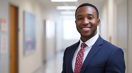 His confident gesture with healthcare blocks conveys trust and dedication to providing reliable insurance options.