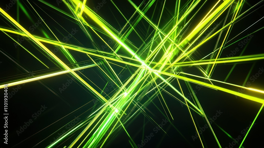 Poster sharp geometric lines in bright green and yellow intersecting against a stark black backdrop, creati