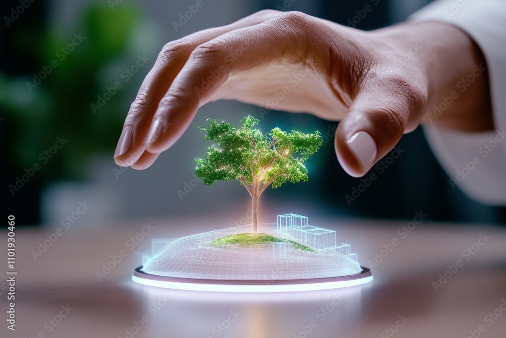 Poster a futuristic architect workspace with holographic 3d models, floating blueprints, and ai-assisted de