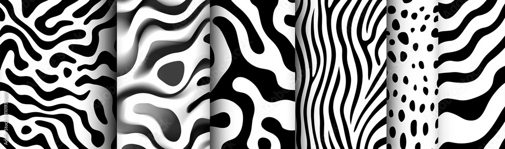 Poster a collection of modern seamless geometric ornament patterns in various styles. featuring monochrome,