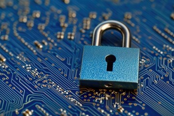 A blue electronic lock sitting on top of a circuit board