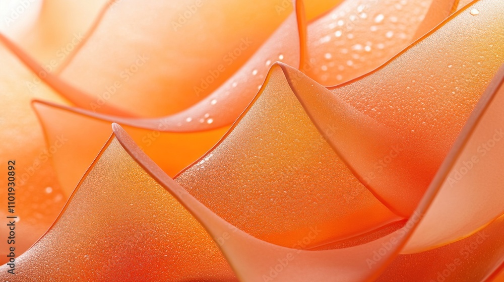 Aufkleber close-up of orange, wavy material with a glossy texture and subtle droplets.