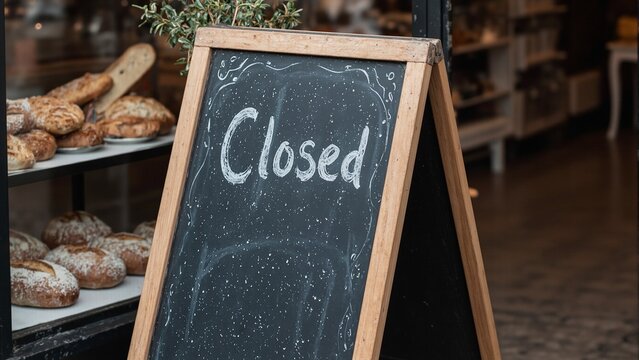 Closed chalkboard sign outside bakery on rainy day raindrops streaking it Fresh bread scent