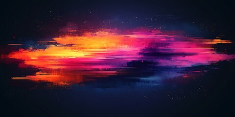 Fototapeta premium Abstract glitch art; vibrant, horizontal streaks of orange, pink, and purple on dark background.