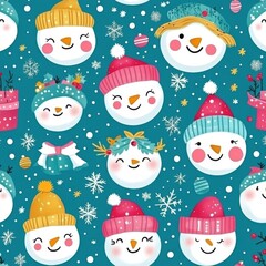 A modern seamless design featuring snowmen and snowflakes