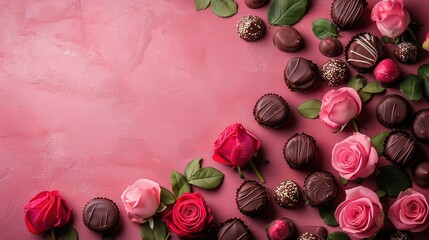 Romantic graphic design with roses, chocolates and hearts