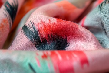 Fototapeta premium A detailed view of the background on an oversized pink and grey scarf, with brushstrokes in reds and greens, draped over the shoulders