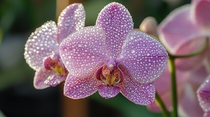Close-up of a vibrant pink orchid with dew drops, showcasing its delicate beauty.