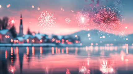 serene lakeside town illuminated by vibrant fireworks at night, creating magical atmosphere. reflections on water enhance festive mood winter new year holiday seasonal celebration