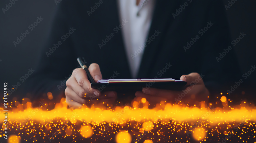 Poster person in suit uses tablet with stylus, surrounded by glowing orange particles, creating futuristic 