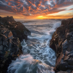 Obraz premium Majestic Coastal Sunrise: Rugged Shoreline with Crashing Waves and Vibrant Skies