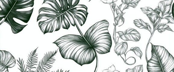 A modern tropical leaves background featuring a natural jungle style with monstera and palm leaves in a subtle pale green shade, illustrated in a contour line art style. Suitable for fabric, print,