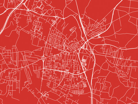 Christmas Map of Zory, Poland in Snowy White on Festive Red Background.