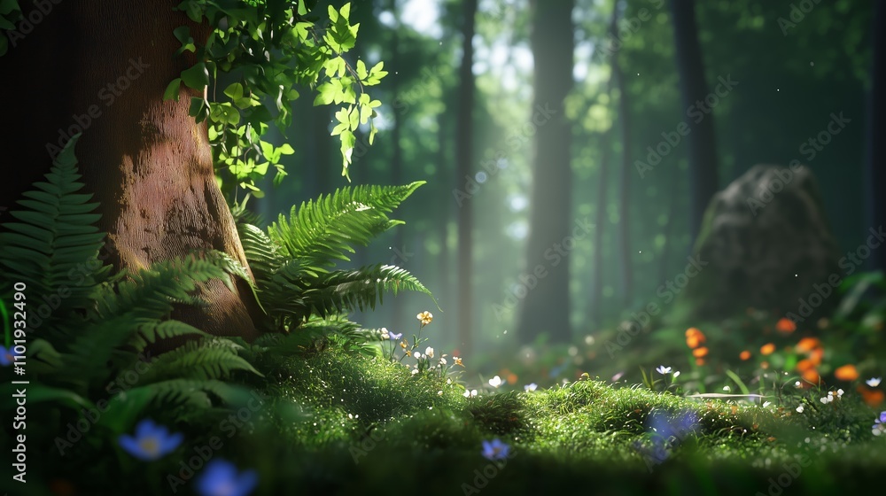 Poster lush green forest with vibrant flowers and soft sunlight filtering through the trees in a serene set