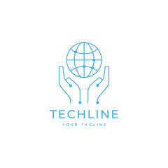 world tech digital connect line logo design vector
