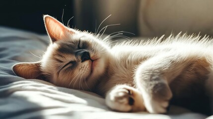 A Fluffy Kitten Peacefully Sleeping on Soft Bedding