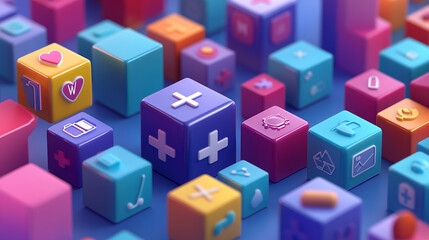 Obraz premium Presenting cubes with healthcare symbols, he inspires confidence in robust and reliable insurance solutions.