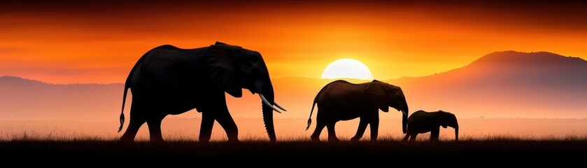 Fototapeta premium Majestic Elephants Silhouetted Against a Vibrant Sunrise Over African Savannah Landscape