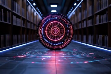 A mystical library filled with books, star charts, and glowing astrological symbols floating in the air