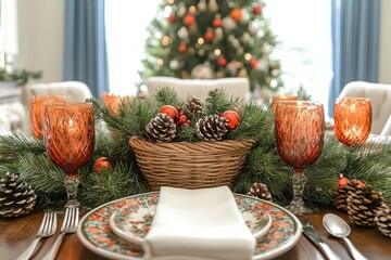 Christmas table setting with red and orange decorations, candles in glassware, greenery, silver cutlery, pine cones basket centerpiece, and Christmas tree in the background with festive lighting.