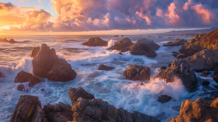 Obraz premium Majestic Coastal Sunrise: Rugged Shoreline with Crashing Waves and Vibrant Skies