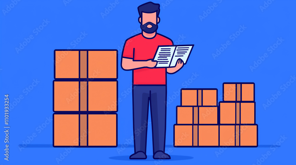 Poster man in red shirt checks document surrounded by stacks of boxes, illustrating logistics and inventory