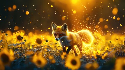 Enchanted Forest Fox Surrounded by Glowing Autumn Flowers and Sparks