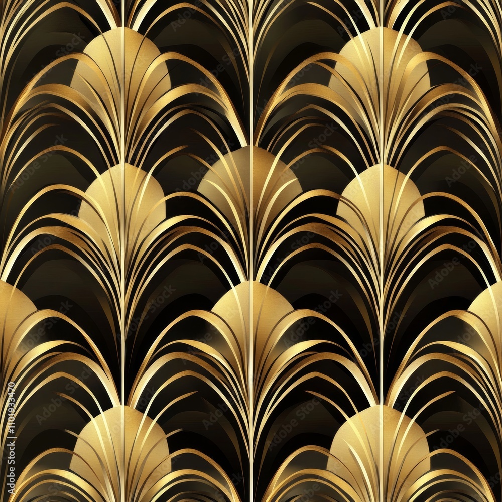 Poster this decorative pattern showcases a series of golden arcs and semicircles on a deep black background