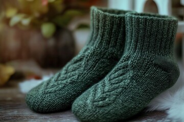 A pair of bright green socks sitting on a table, great for illustration or design