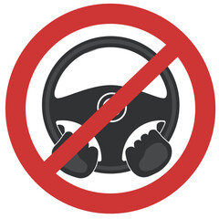 the man hands are holding the wrong steering wheel of the car. forbidding sign on top