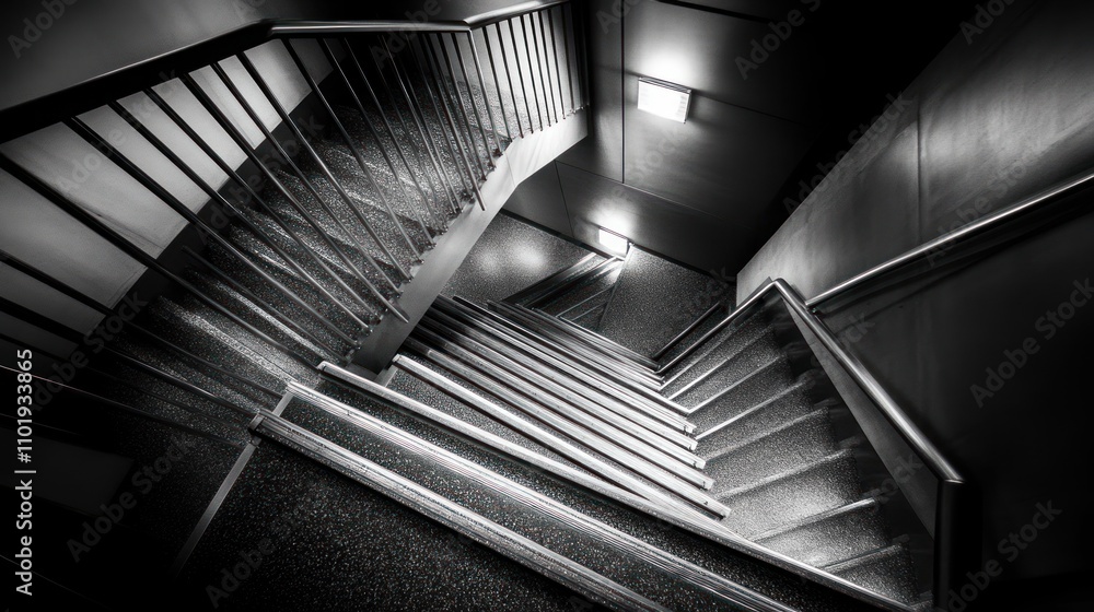 Poster a dramatic view of a spiral staircase, emphasizing depth and shadow.