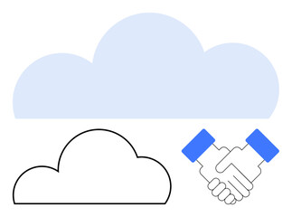 Cloud shapes in blue and black outline with a handshake. Ideal for technology, partnership, teamwork, collaboration, cloud computing, business agreements, digital connectivity. Line metaphor