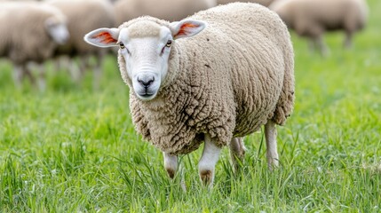 Obraz premium A close-up of a sheep standing in a green grassy field.