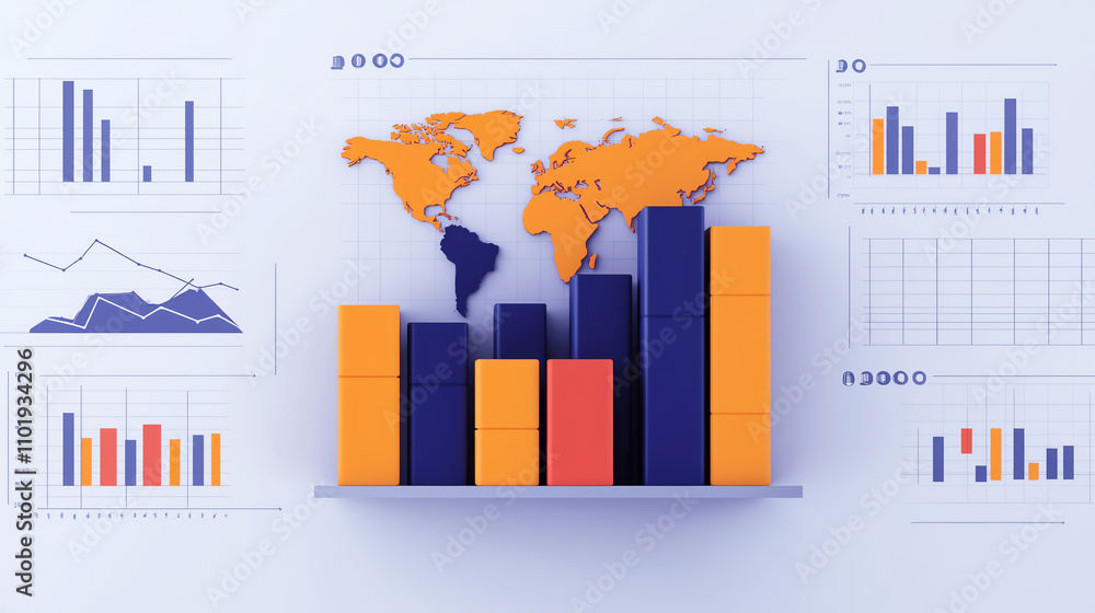 Poster colorful 3d bar graphs and world map illustrating global trade data and tariff impacts. image featur