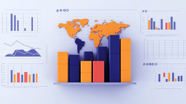Colorful 3D bar graphs and world map illustrating global trade data and tariff impacts. image features various charts and graphs, highlighting economic trends and statistics