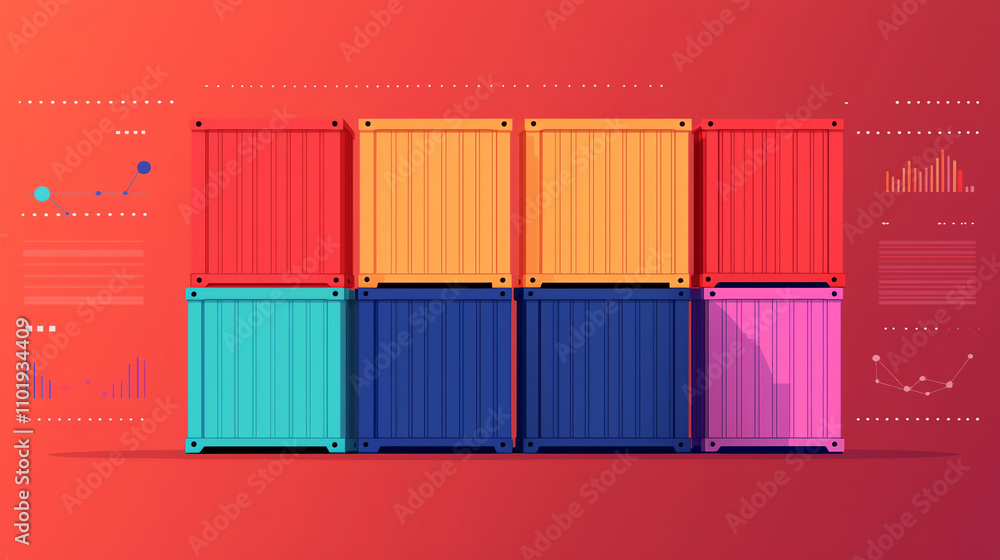 Poster colorful shipping containers stacked against red background, surrounded by abstract graphs and chart