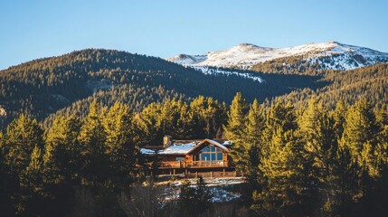 A cozy mountain cabin surrounded by evergreen trees and snow-capped peaks.