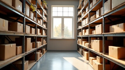 Obraz premium A warehouse mockup with organized shelves and natural light streaming in