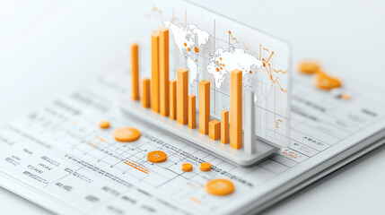 3D bar graph with world map overlay illustrates global trade data, highlighting impact of tariffs on international markets. orange and white color scheme adds modern touch
