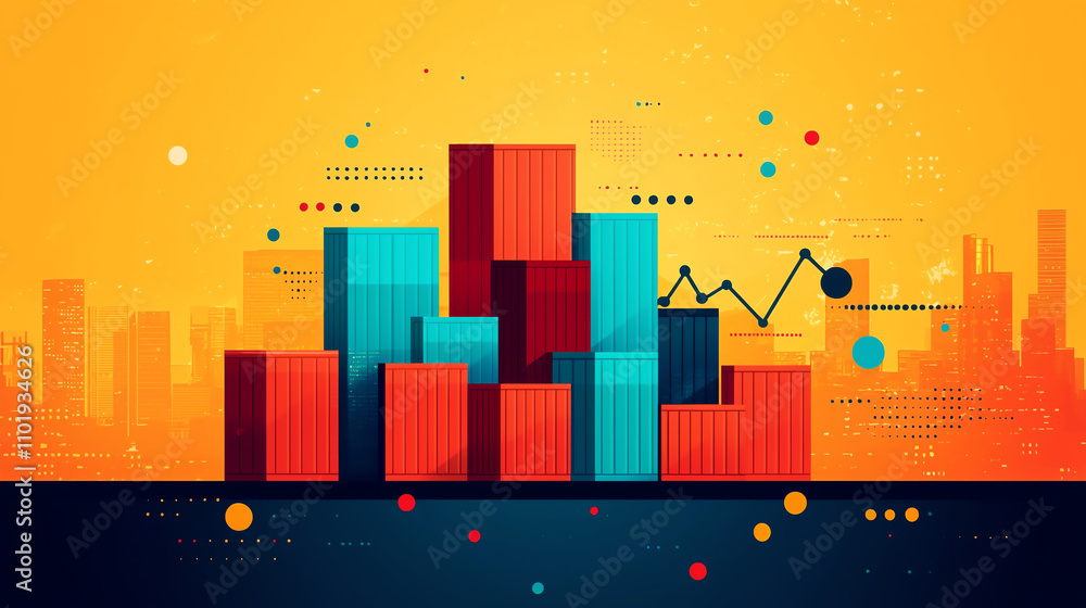 Poster colorful shipping containers stacked against vibrant cityscape, illustrating global trade dynamics w