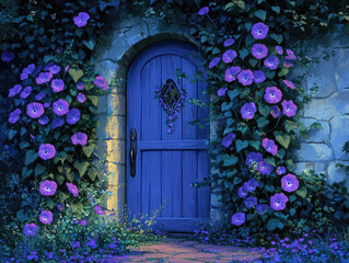 A secret garden door at dusk entwined with purple flowers, inviting you into a mystical and enchanting world