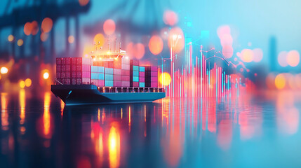 cargo ship sails through vibrant port, with colorful containers and glowing data charts illustrating global trade dynamics and impact of tariffs on international commerce